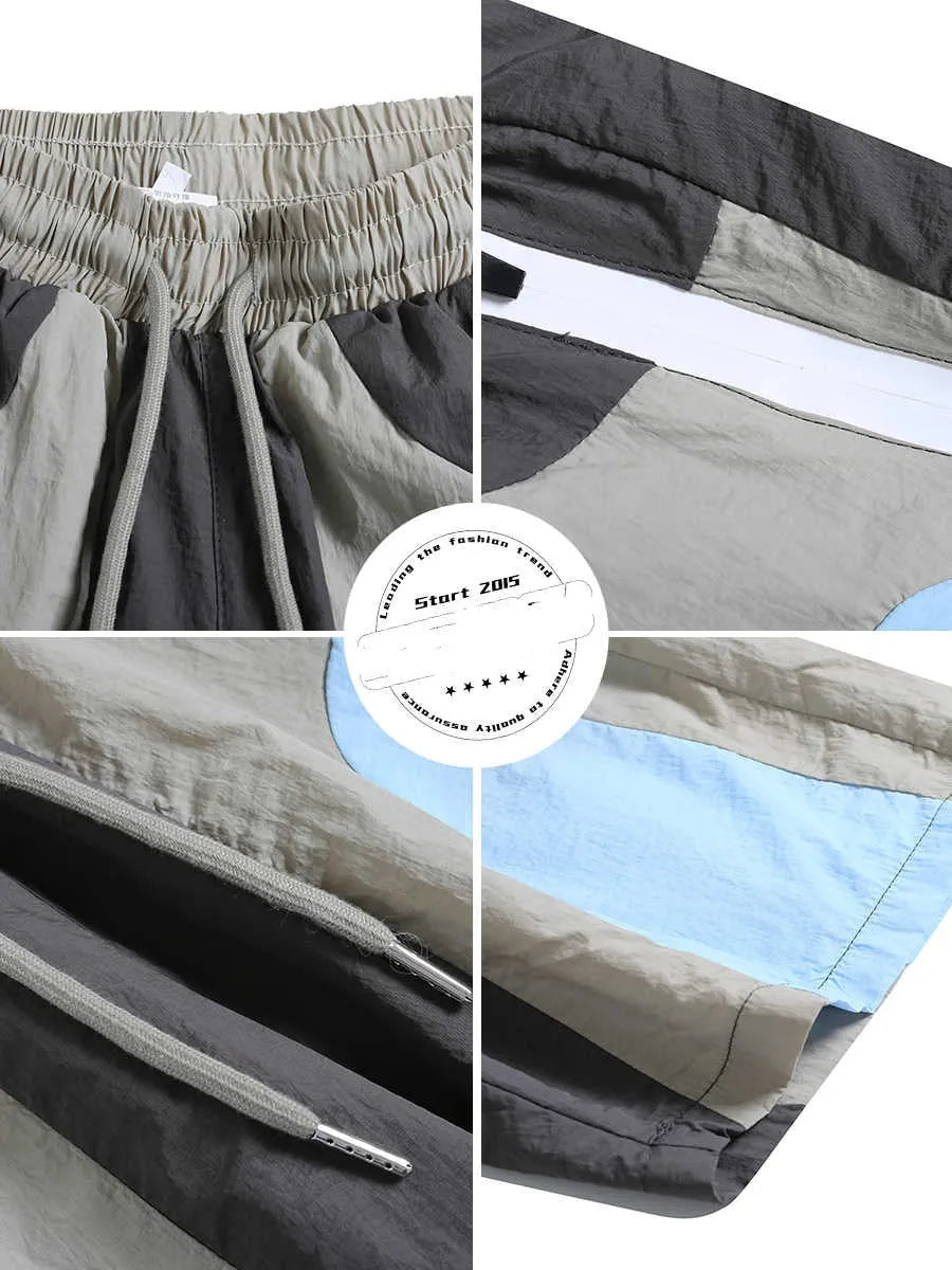 Blue patchwork quick-drying outdoor sports shorts with straight-leg loose fit design