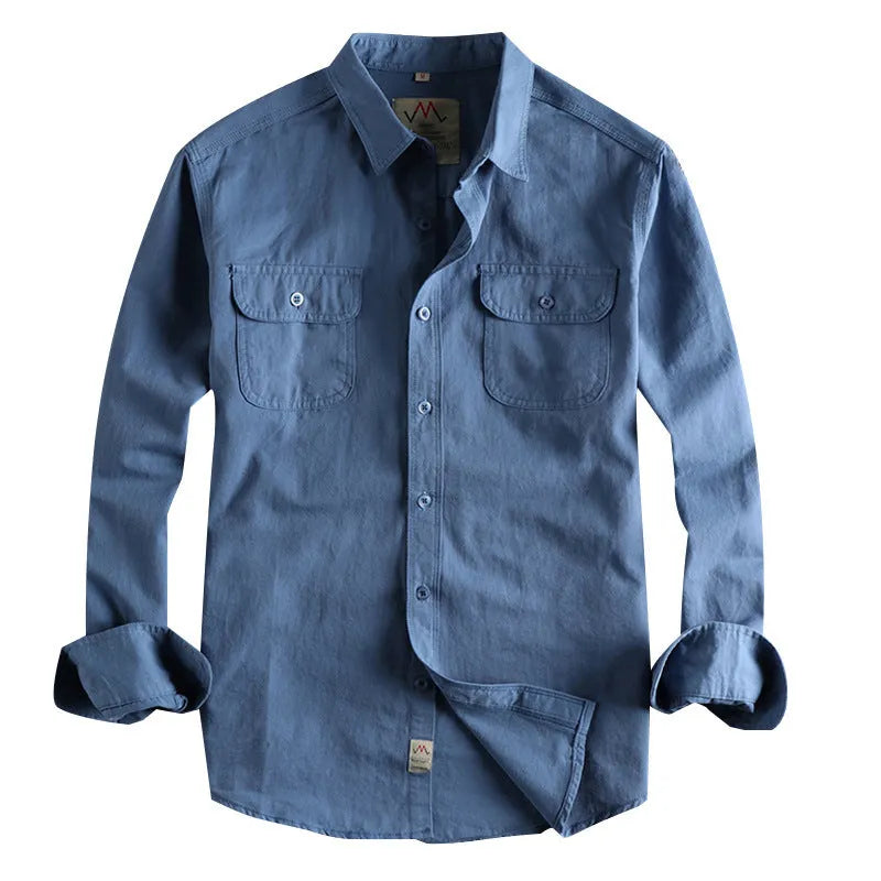 Men's light blue cotton long sleeve shirt in a retro cardigan style on a hanger