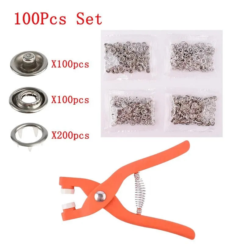 Stainless steel no-sew clothing button kit with pliers for children's garments