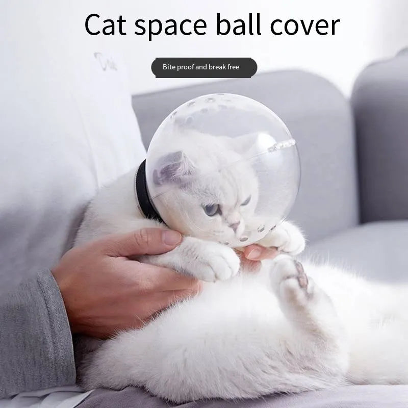 Transparent cat muzzle space hood with adjustable Velcro strap, sizes M L XL, for grooming and recovery.