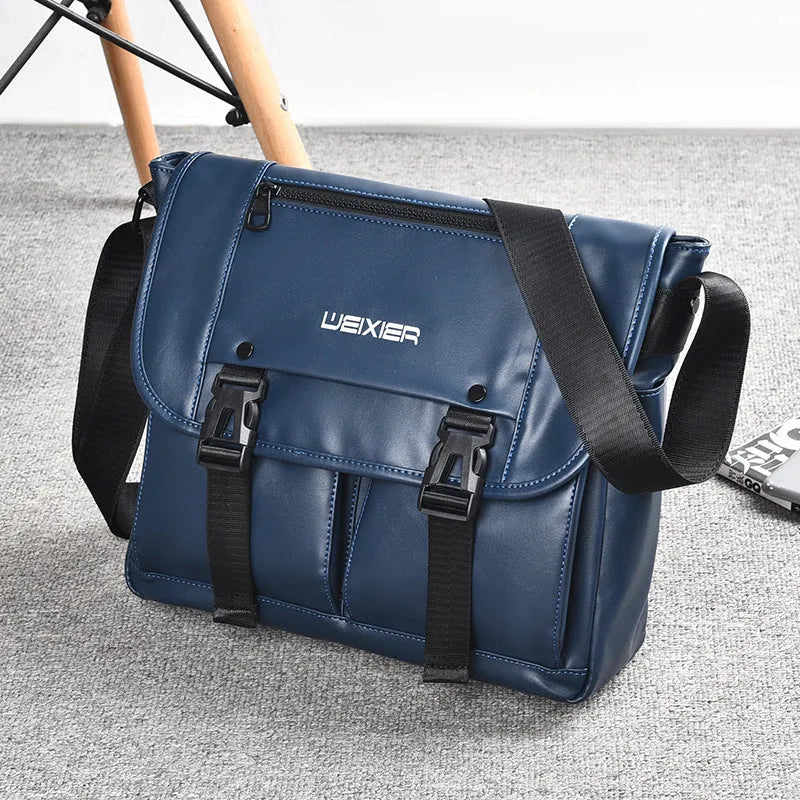 Men's black PU leather messenger bag with crossbody strap and large capacity for business travel