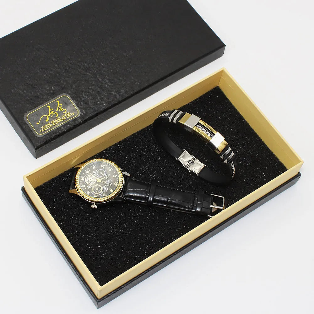 Black plate men's and women's couple watch set with metal bracelets in gift box