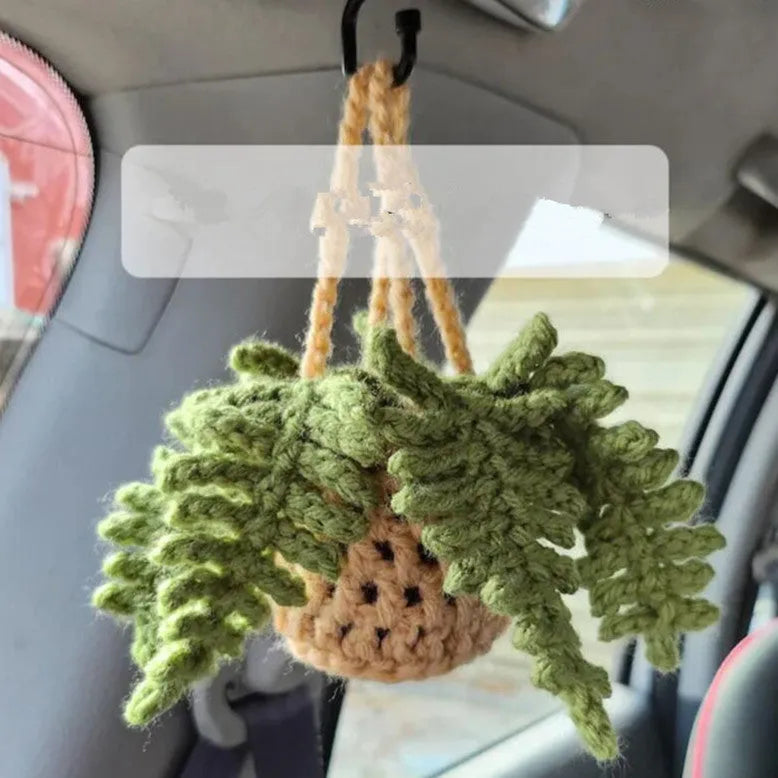 Green and white knitted car plant ornament with hanging rope for dashboard or mirror decoration