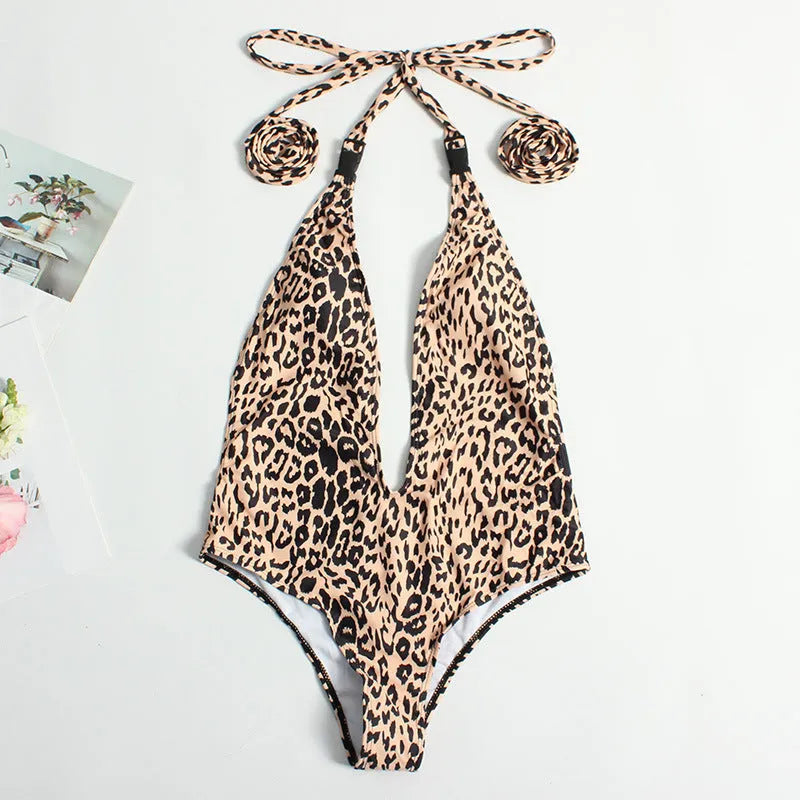 Women's one-piece leopard print swimsuit with backless bandage style design