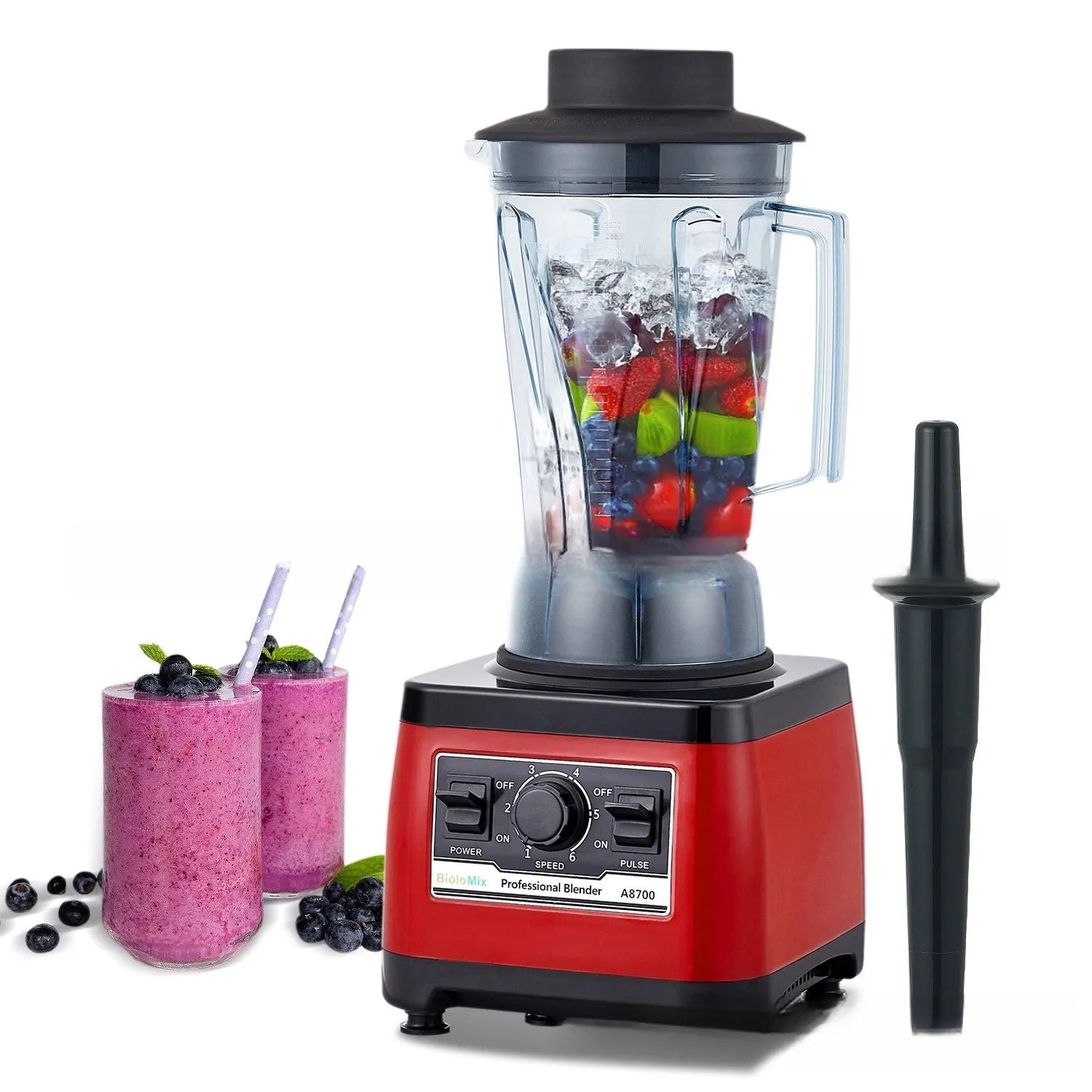 Red commercial blender with 2200W motor and 2L capacity container, industrial style construction