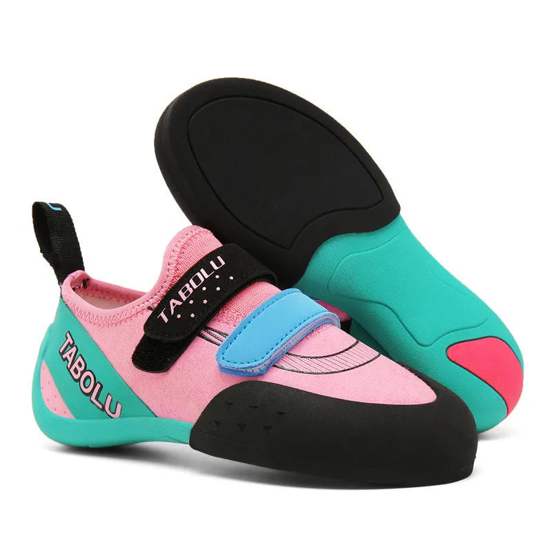 Beginner rock climbing shoes with Velcro fastening in black with red, orange yellow, or pink accents