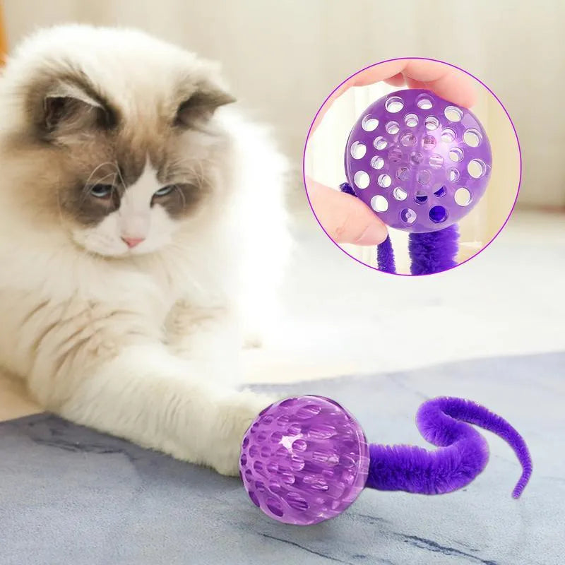 Interactive bouncy ball cat toy with plush tail in green, pink and purple colour options