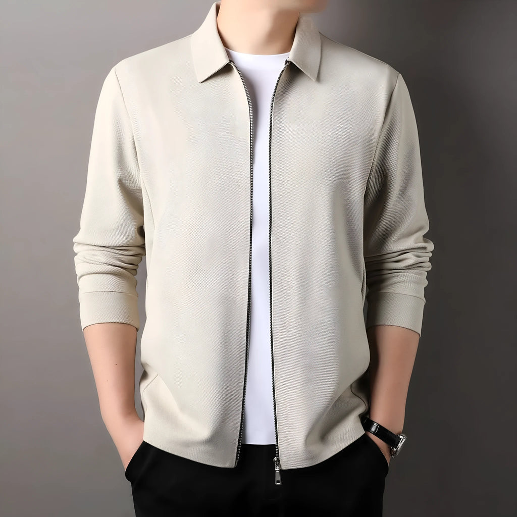 Men's polyester casual business jacket in black, dark grey, or apricot with long sleeves and straight hem.