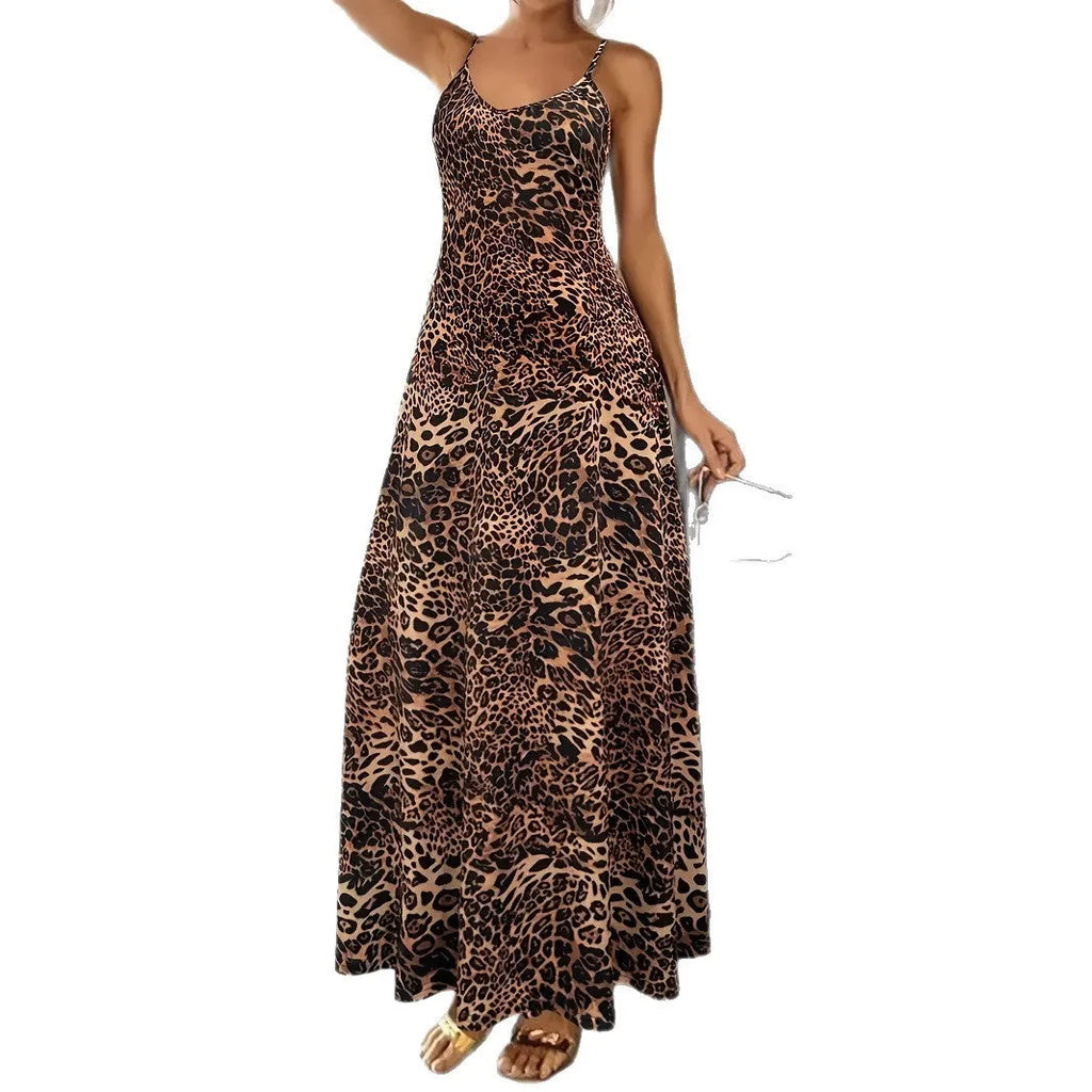 Dark brown leopard print sleeveless dress with shoulder straps and hip skirt cut