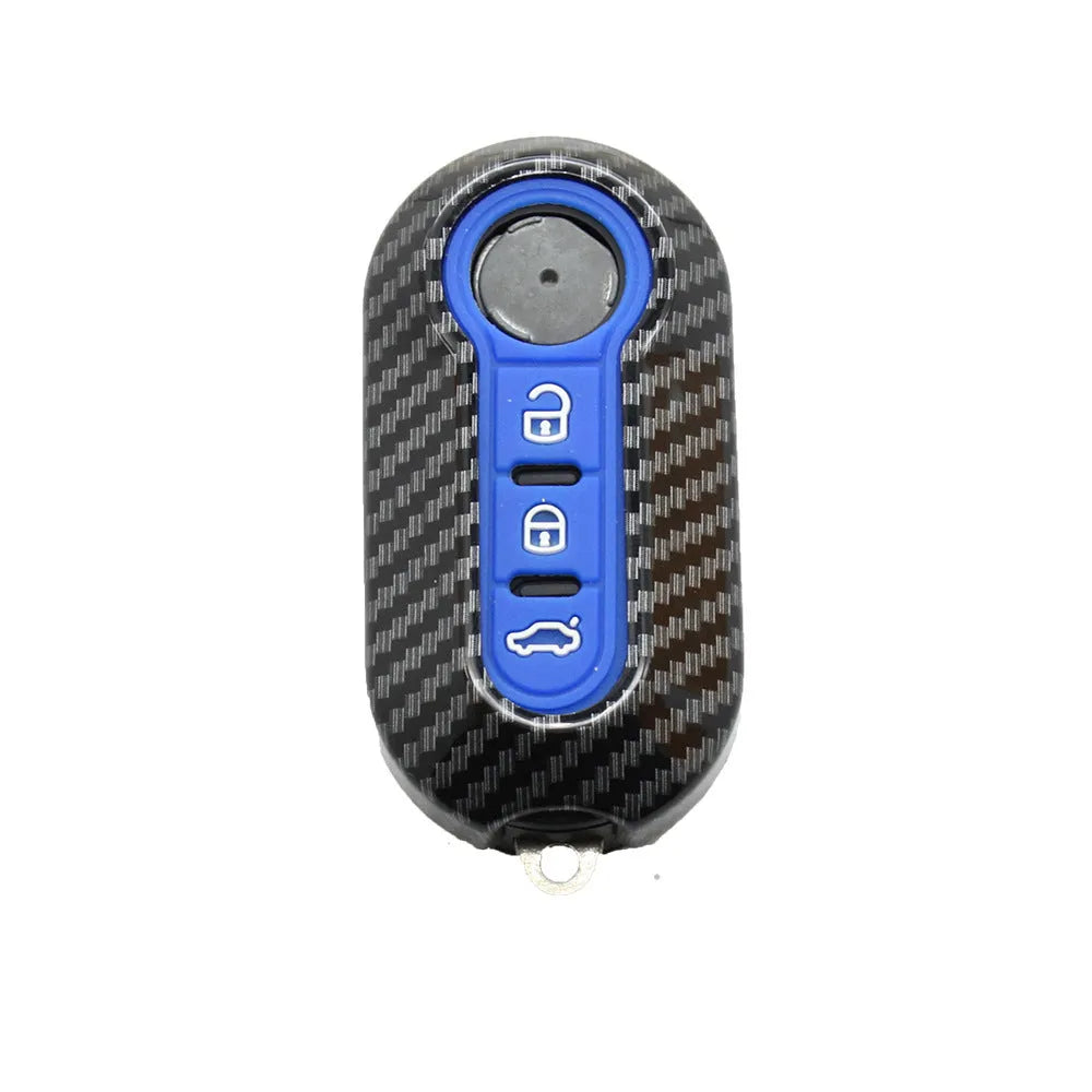 Fiat 500 Boyue Ottimo Viaggio carbon fibre design remote key case in black, red, and dark blue colours.