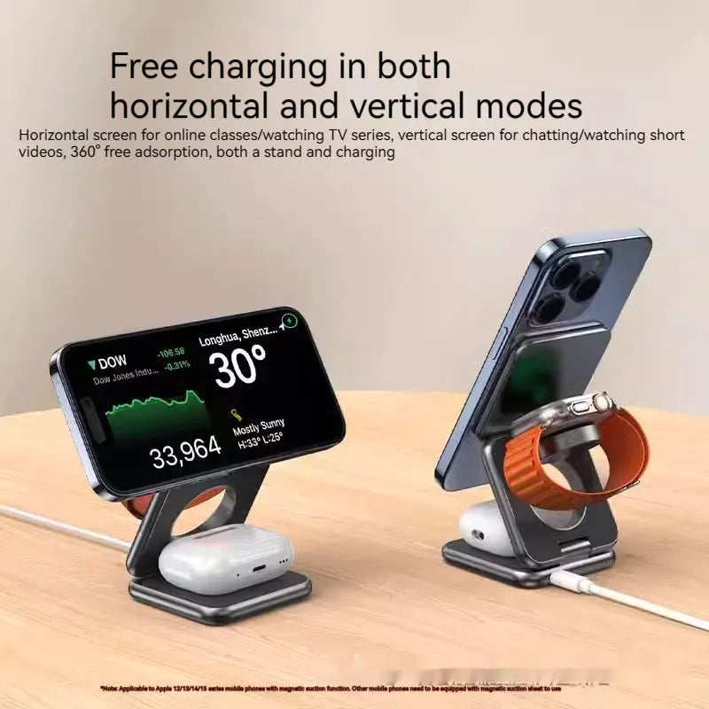 White foldable magnetic wireless phone charger holder in open position on a desk