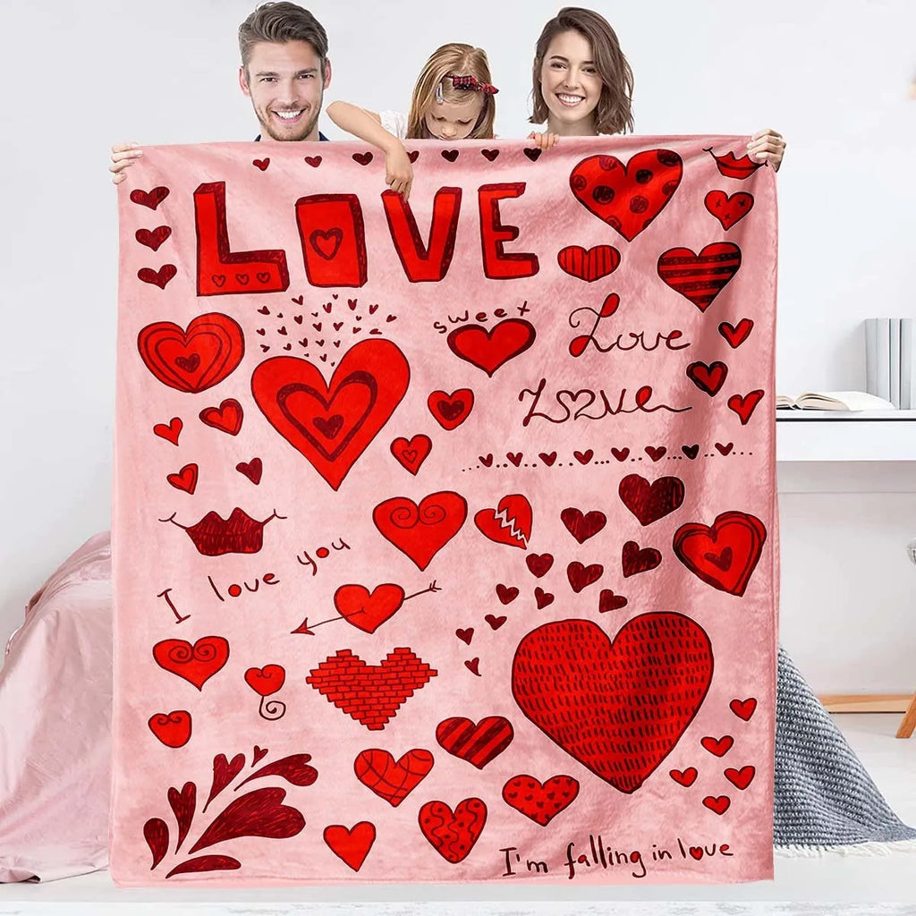 Heart print polyester fibre blanket in three sizes 100x150cm, 130x150cm and 150x200cm