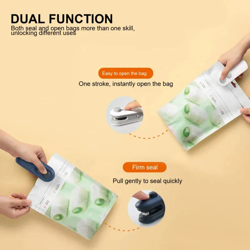 Blue handheld USB rechargeable heat sealer and bag cutter on a kitchen counter.