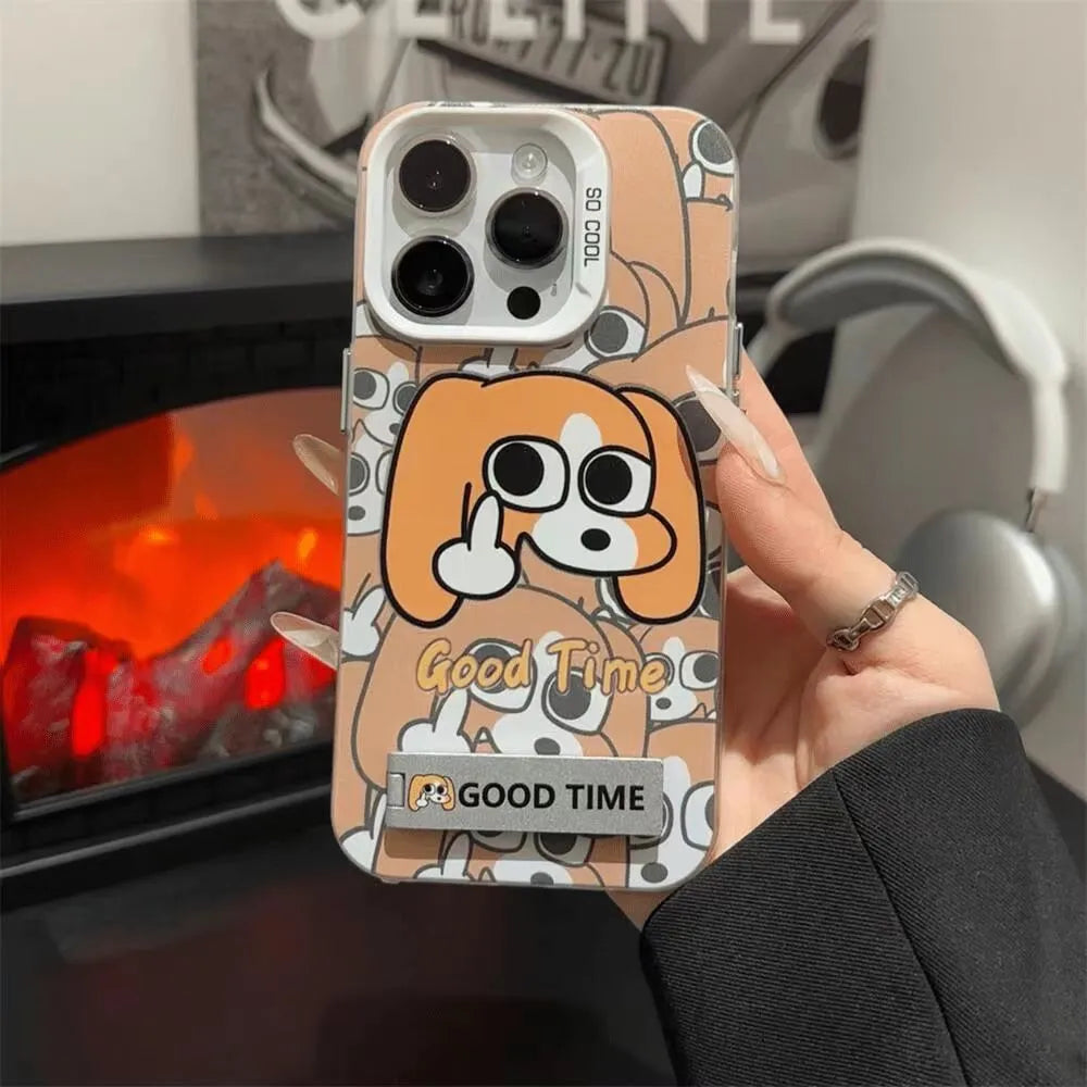 Dog pattern hard PC iPhone case with ribbon bracket and anti-fall double layer design