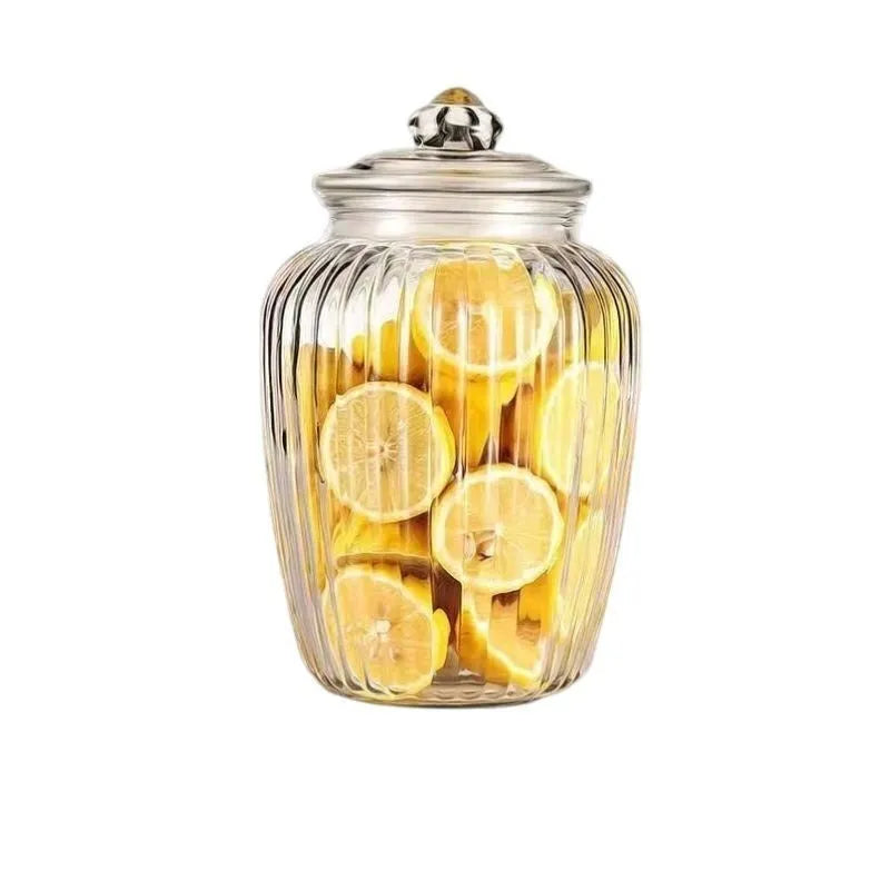 Clear thickened glass sealed can with vertical pattern and black lid