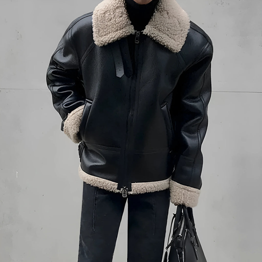 Men's black fleece padded collar lambskin leather jacket made from PU material