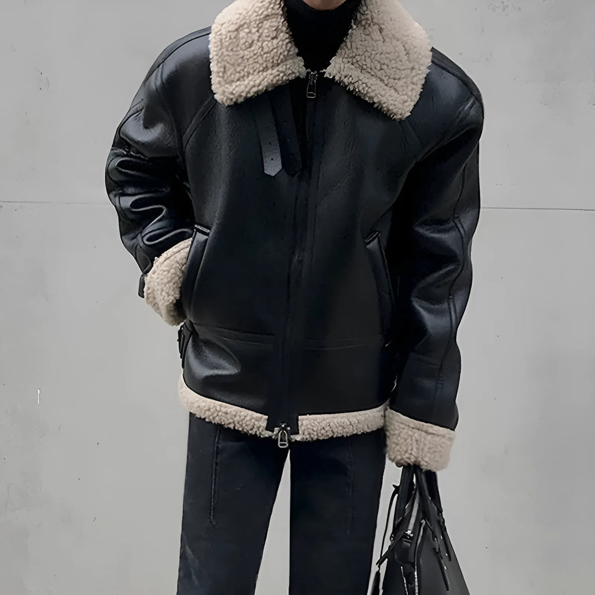 Men's black fleece padded collar lambskin leather jacket made from PU material
