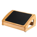 Wooden adjustable bamboo footstool in natural wood colour for office desk use.