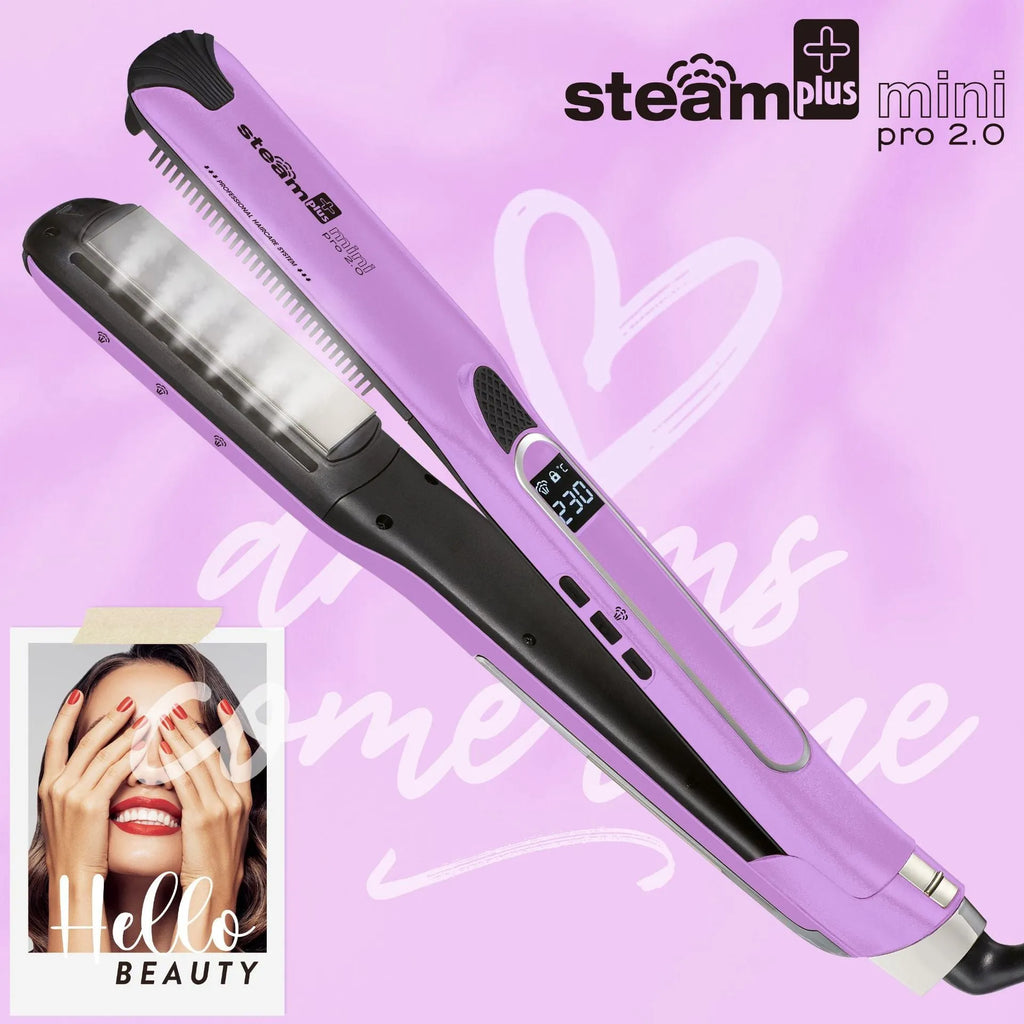 Mini steam hair straightener in purple, rose red or champagne with ceramic plates and European plug
