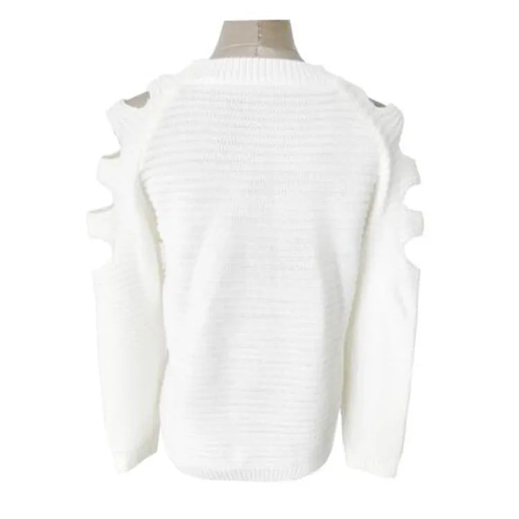 Grey women's knitted shirt with round neck and crocheted hollow-out detail on long sleeves