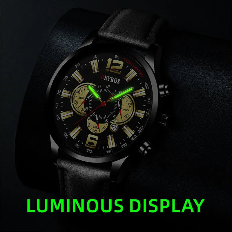 Men's luminous three eye sports watch with 9mm case and black or blue ribbon strap