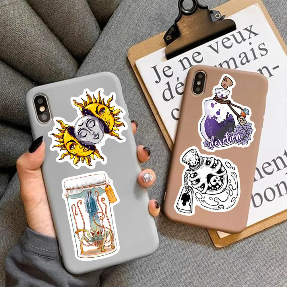 50 waterproof PVC stickers with glossy finish for laptop and skateboard decoration, sizes 3-8cm