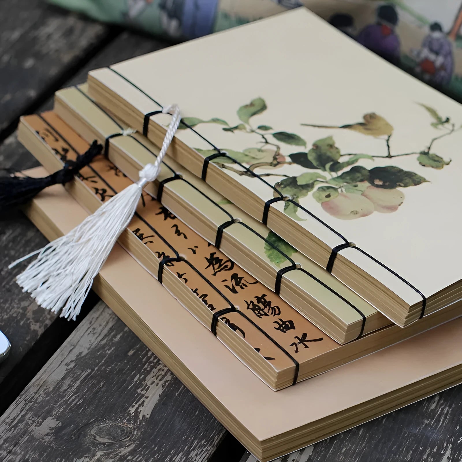 A5 antique wire-bound notebook with retro painting cover and black wax rope binding