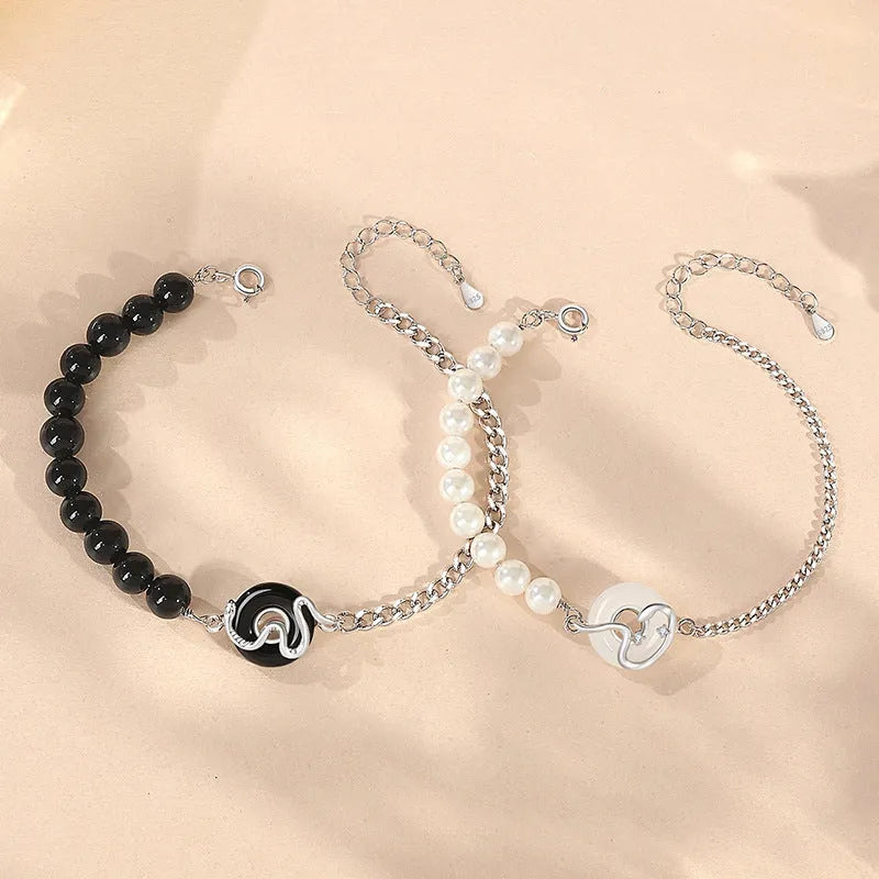 925 sterling silver couple bracelet with obsidian pearls and snake design in New Chinese style