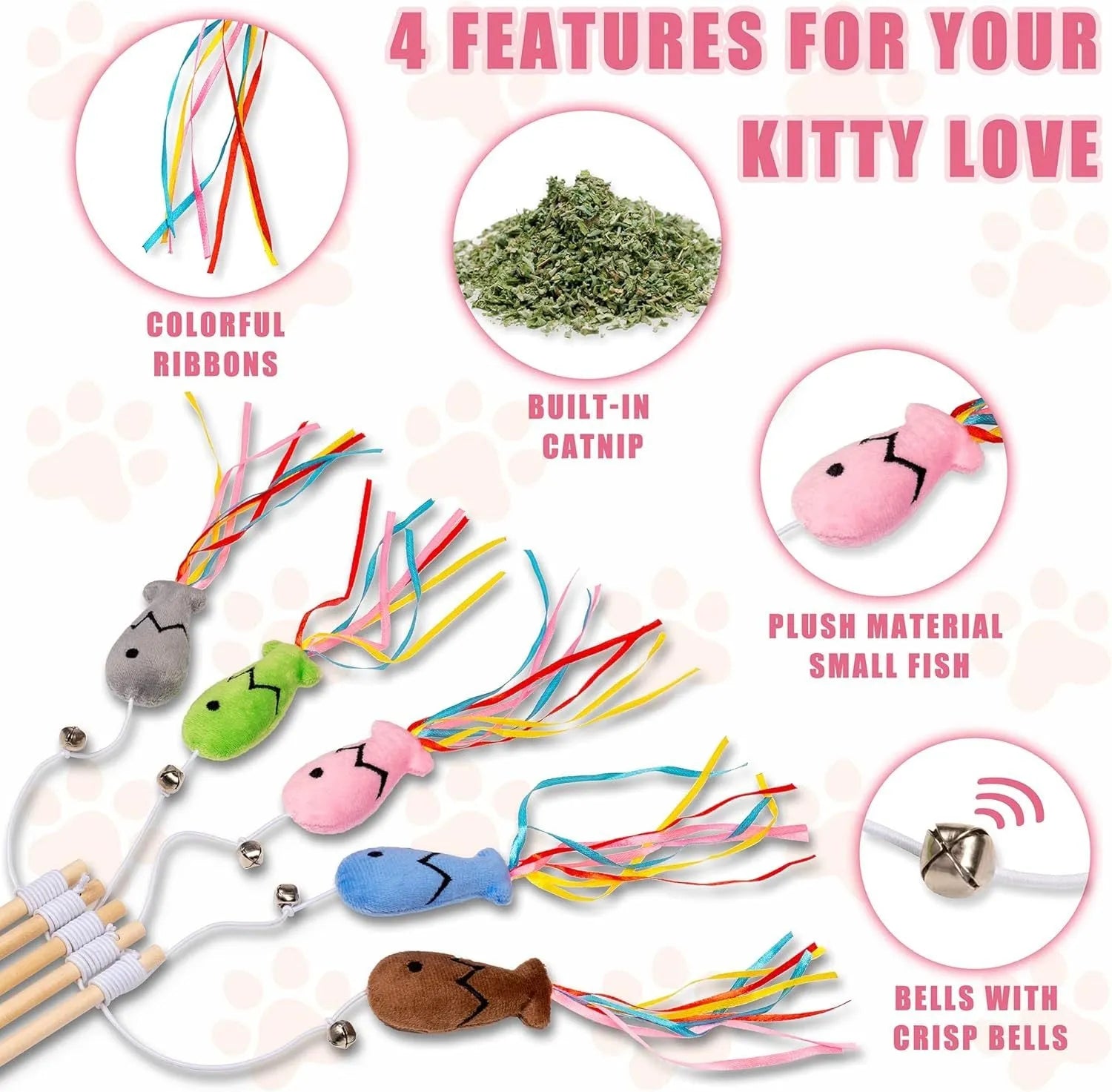 Colourful cat wand toy with ribbons, bell, and catnip fish on a wooden handle.