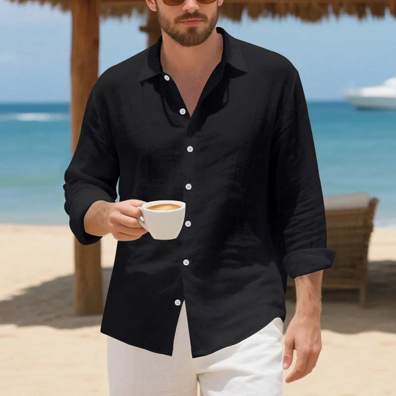 Man's casual linen shirt in loose American style fit, shown in light blue colour.