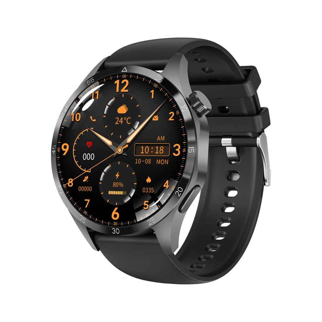 Black Bluetooth smartwatch with touch screen displaying health metrics, available with silicone or Milan net strap options