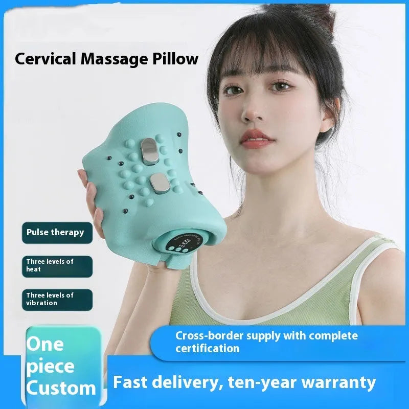 Blue-green cervical massage pillow with EMS pulse and hot compress functions