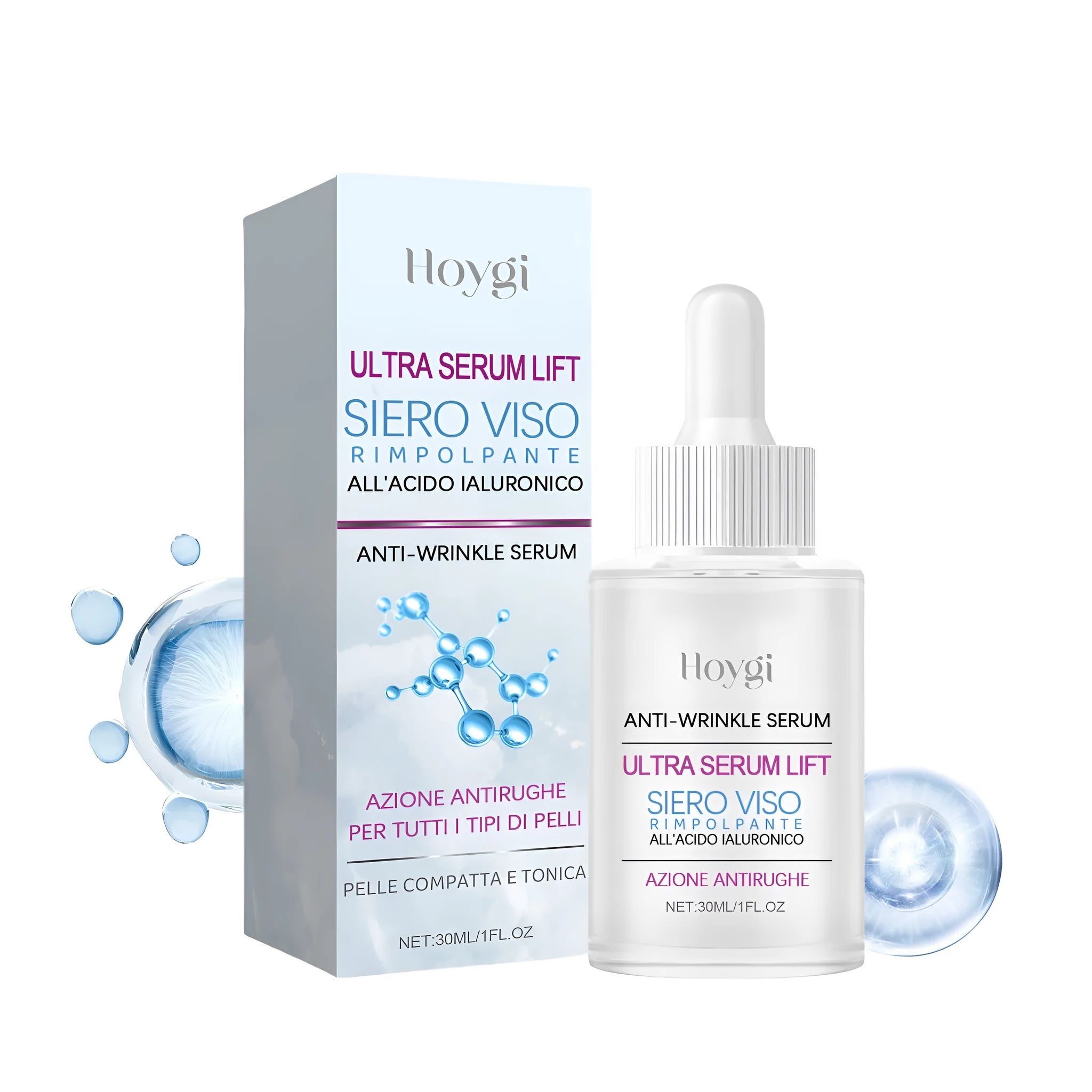 30ml Hyaluronic Acid Anti-Wrinkle Solution essence bottle with skincare ingredients