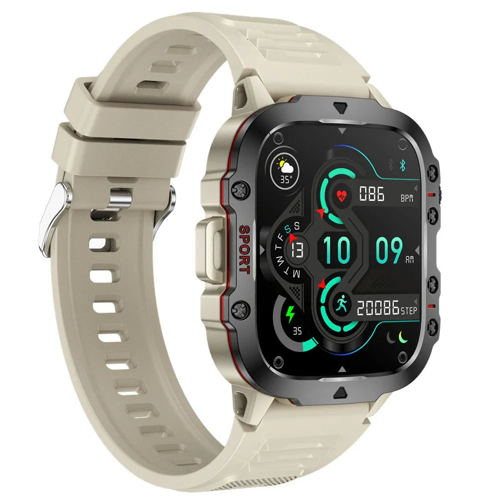 QX11 Smart Watch in black with zinc alloy case and touch screen displaying heart rate and step count.