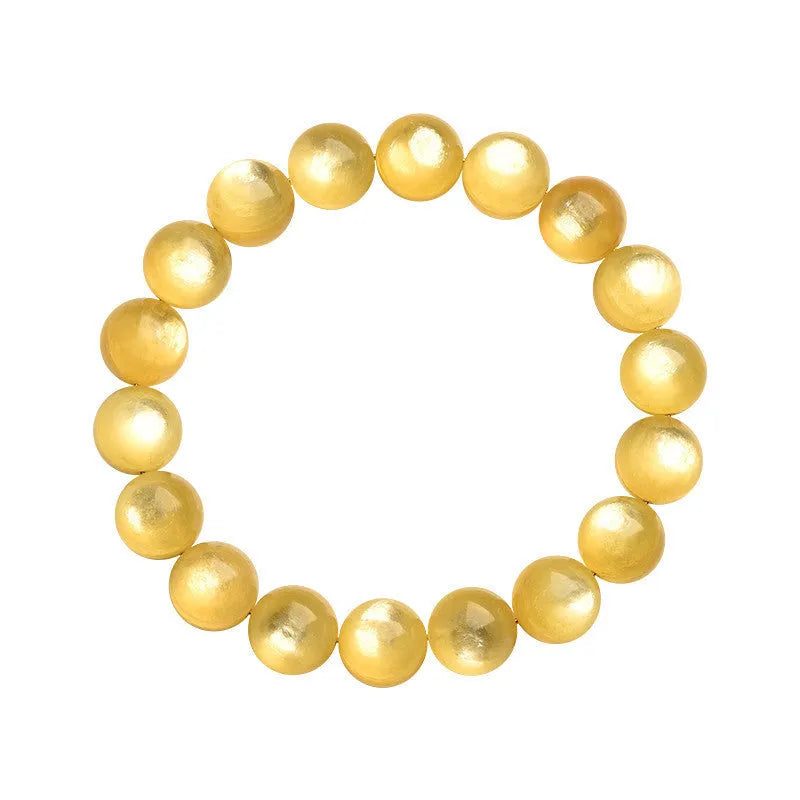 Yellow lepidolite mica bracelet with golden dragon design on round beads