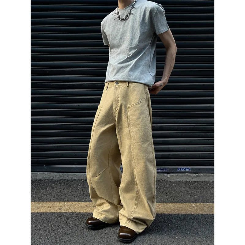 Men's khaki straight-leg cotton trousers showing American retro styling front and back