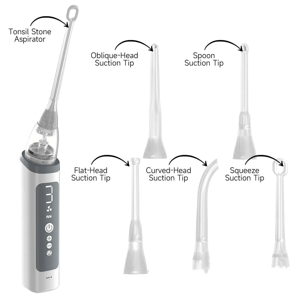 Milky white tonsil stone removal tool oral cleaning kit on a plain background.