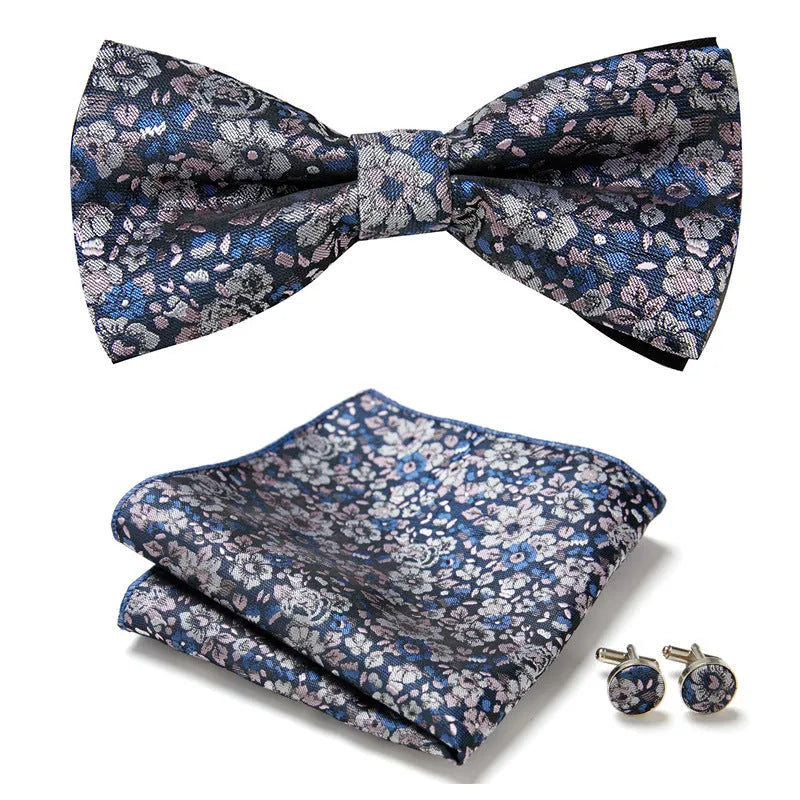 Floral Bow Tie Set of Three Pieces Polyester Yarn Hand-Sewn 12cm by 6cm Bow Tie with Matching Pocket Square 25x25cm and Cufflinks 1.5cm for Men's Formal Wedding and Party Accessories Multistyle Options