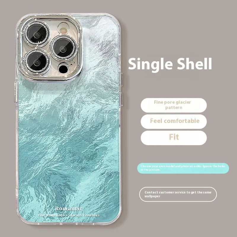 Ice blue gradient hard PC phone case with invisible bracket and silver chain for iPhone set on a white surface
