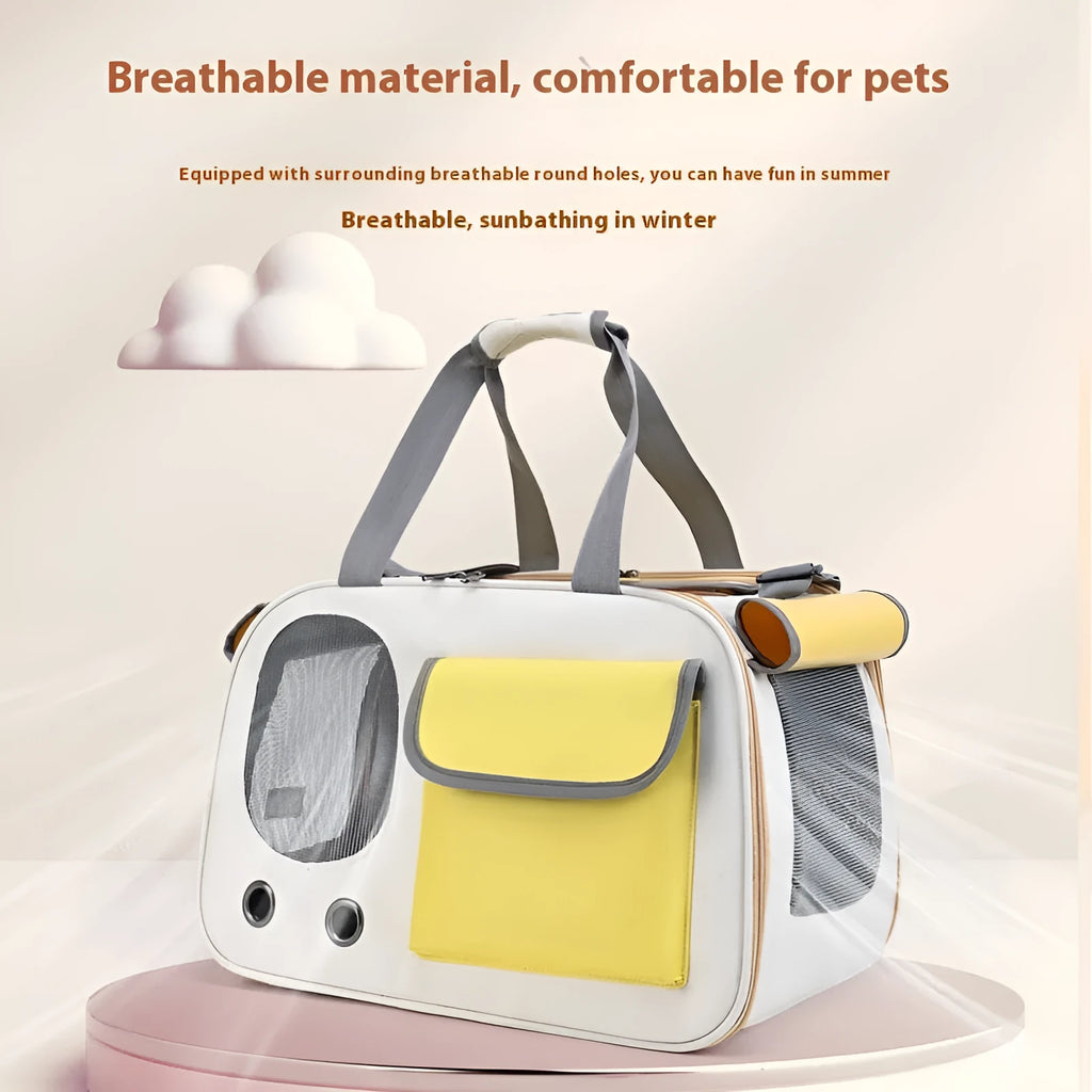 Foldable single shoulder pet carrier bag in canvas, shown in black, green, and yellow colour options.