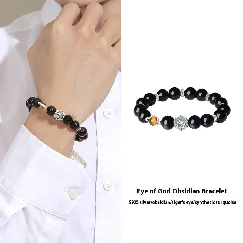Men's geometric God's Eye obsidian bracelet in S925 sterling silver on wrist