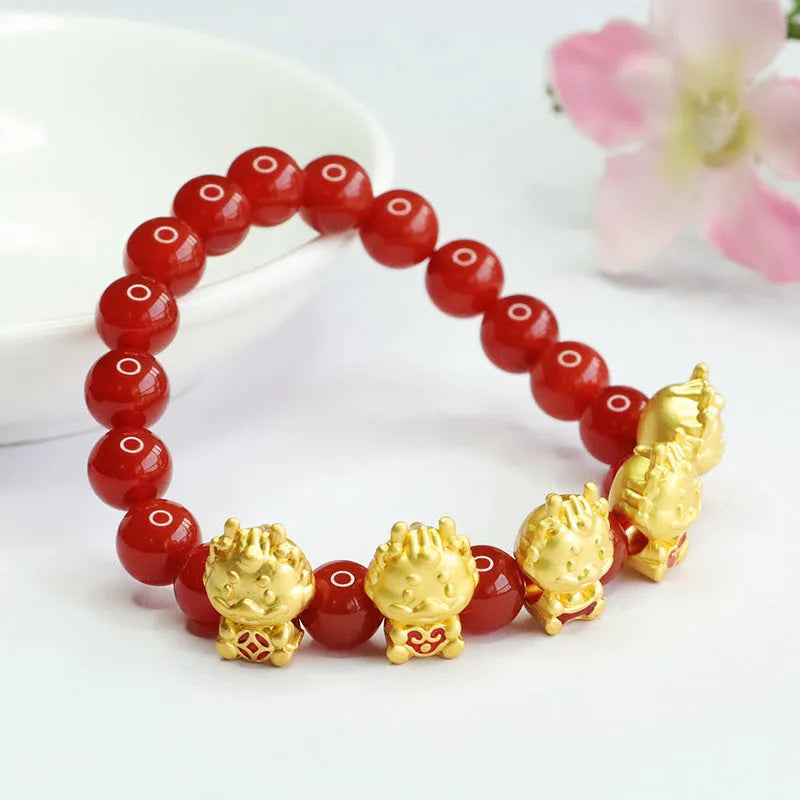 Red agate bracelet with five blessing dragon charm, Chinese cultural jewellery