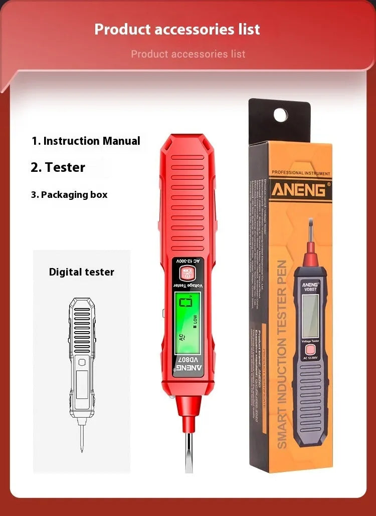 Black digital voltage testing pen with LCD screen showing voltage reading, used for zero line detection.