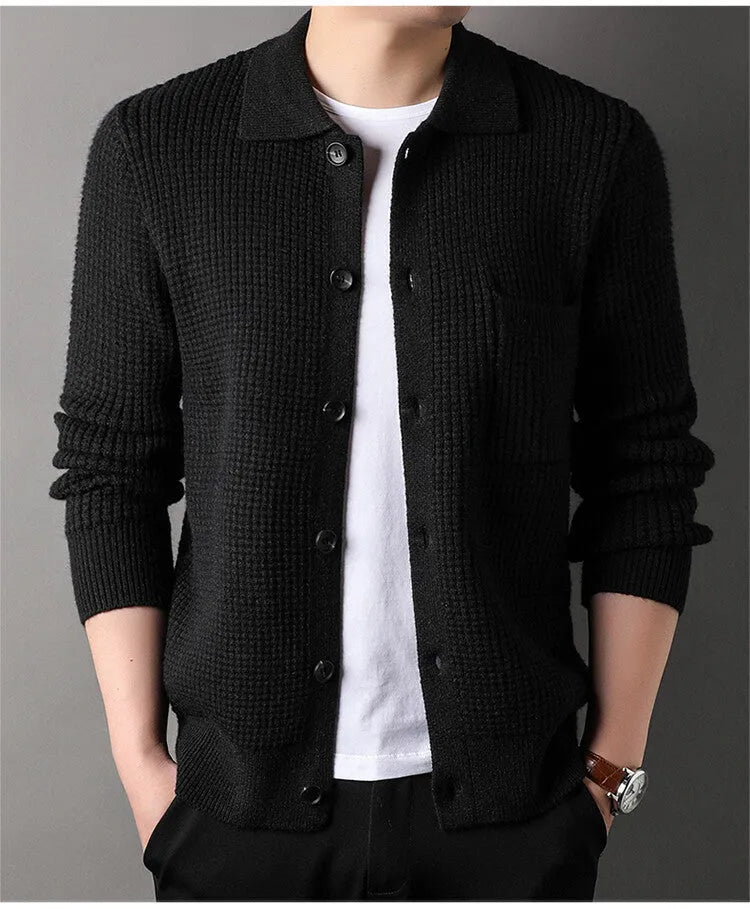 Twist jacquard lapel cardigan men's loose fit knit top coat in black gray beige