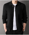 Twist jacquard lapel cardigan men's loose fit knit top coat in black gray beige