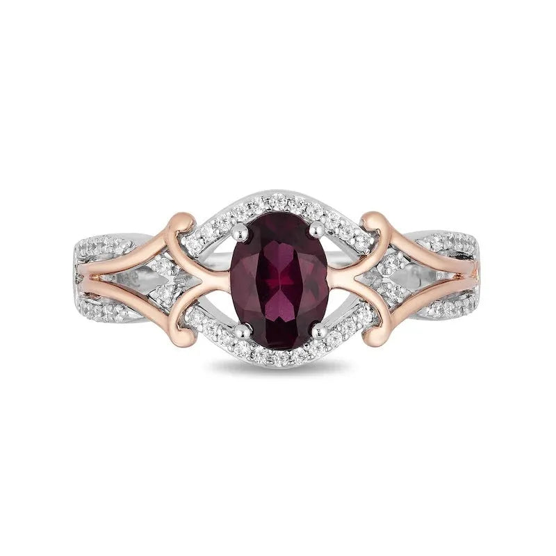 Micro inlaid zircon egg-shaped amethyst two-tone ring for women in copper, sizes 6 to 10.