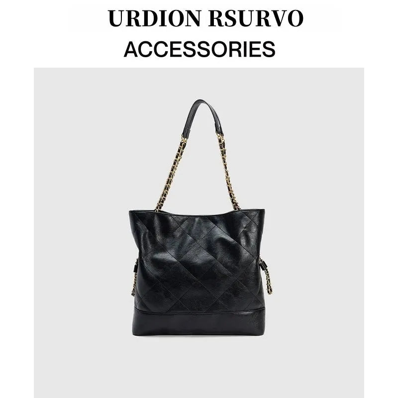 Special design large capacity black PU shoulder handbag with diamond chain detail and double straps