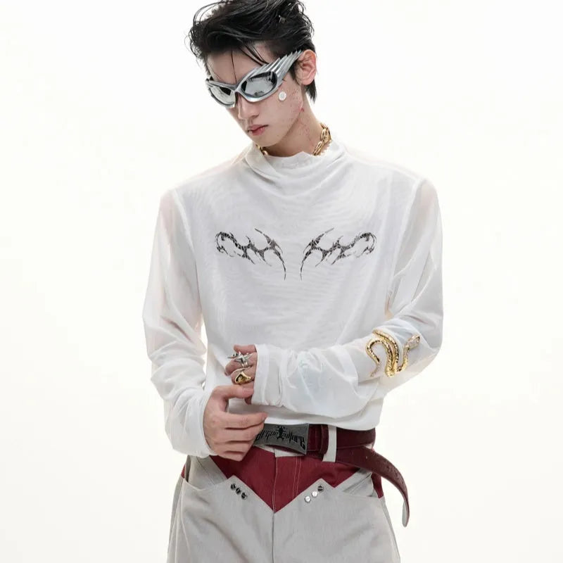 Black and white long sleeve mesh slim fit shirt for layering