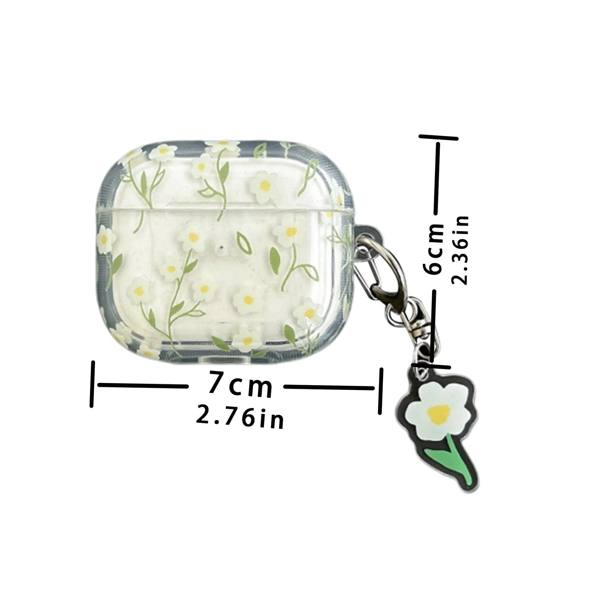 Transparent white floral TPU protective cover for Apple AirPods showing charging port access