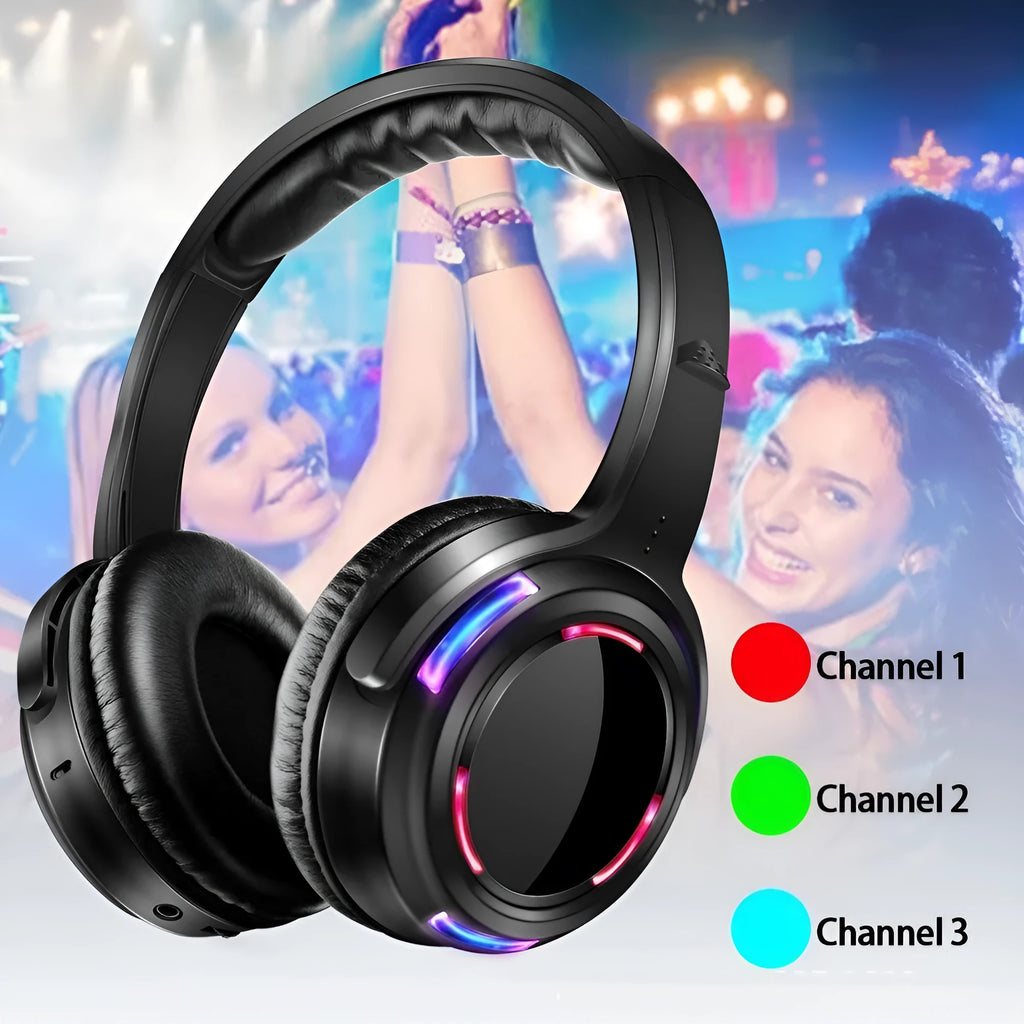 Black silent disco wireless headphones with over-ear design and built-in microphone